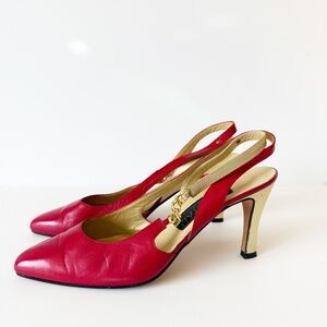 CHANTAL Vintage 90s red leather sling back heels with chain straps Size 9 Narrow